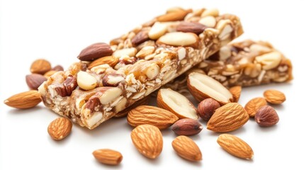 Obraz premium View of protein snack energy bar made from almonds, nuts, and other ingredients isolated on white background, healthy food with high nutrients