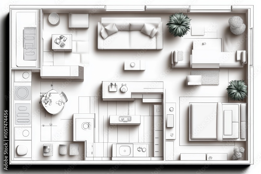 Poster 2d illustration of a simple blueprint on a white background, showing the layout of a modern kitchen 
