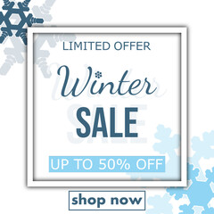 winter sale, template discount banner design on the background many different snowflakes. modern vector illustration flyer, poster to promote purchases in the winter season en white and blue tones