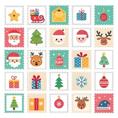 Stamps with Christmas Symbols Santa Claus and Snowman and Christmas tree