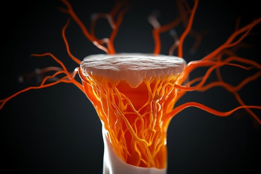 3D digital illustration of a hair follicle with visible root, dermal papilla, and surrounding connective tissue, showing structural anatomy in a clean digital style, symbolizing organization