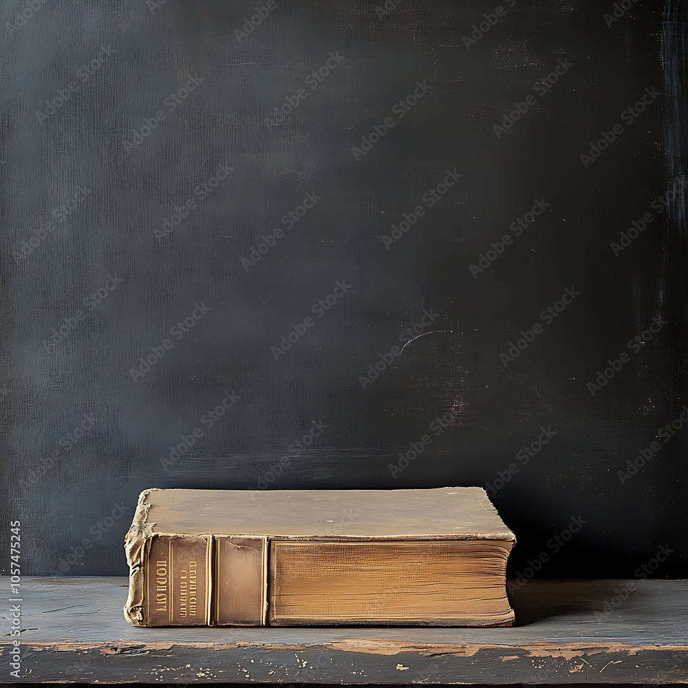 Poster one book on table in front of black board background