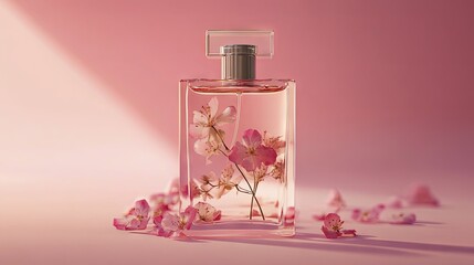 Empty perfume bottle mockup with flowers inside for cosmetic branding. Soft pastel colors, light background