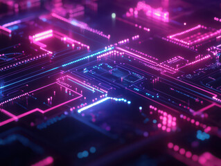 Obraz premium Abstract digital circuitry with glowing pink and blue lines and dots.