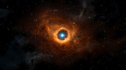 Fototapeta premium The image shows a bright blue star surrounded by a ring of orange gas and dust, set against a backdrop of a dark, starry sky.