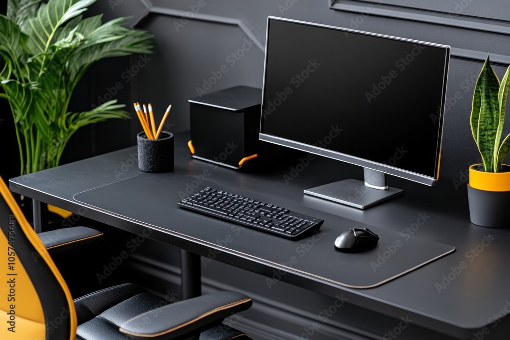 Poster a blueprint layout for a home office with ergonomic furniture design, computer setup, and lighting d