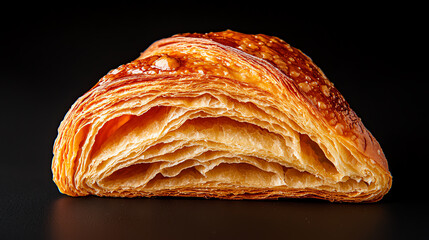 A detailed cross-section of a croissant revealing its flaky layers and golden crust