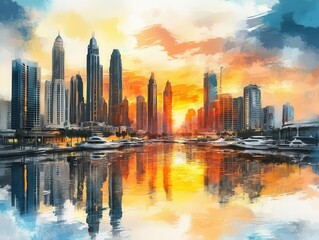 Fototapeta premium Skyline with skyscrapers reflecting a golden sunrise, peaceful morning city, watercolor style