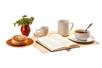 Modern kitchen table set with plates, cutlery, and a steaming cup of coffee next to an open recipe book isolated on white background