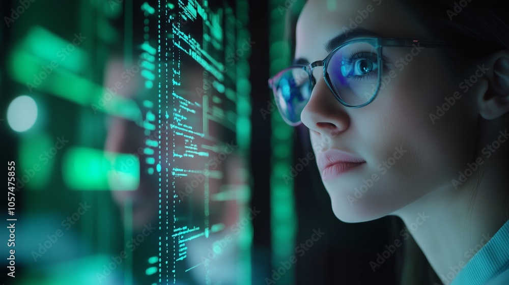 Poster a focused individual working in a modern tech environment while analyzing data on a futuristic digit