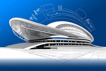 A blueprint of a stadium with detailed seating arrangements, lighting design, and roof structure, showcasing the complexity of large-scale sports venue design, symbolizing entertainment and