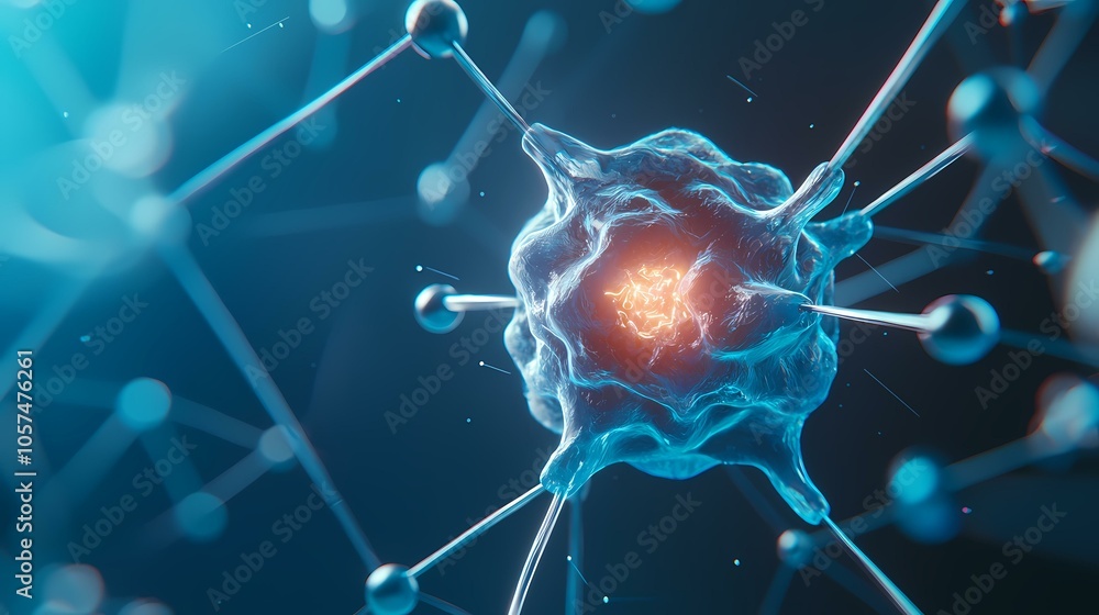 Poster the image shows a glowing blue and orange molecule with a complex structure and many connections.
