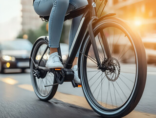 Woman riding a bicycle in the city at sunset, highlighting urban commuting and active lifestyle.