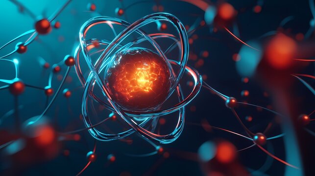 A glowing, abstract, spherical object is shown in the center of the image with orbiting rings, other spheres, and lines in the background.  The object is encased in glass-like rings, and other smalle