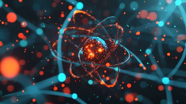 The image shows a stylized atom with a glowing core and orbiting electrons, surrounded by a field of blurred orange and blue lights.