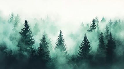 Fototapeta premium A misty forest landscape with towering trees shrouded in fog.