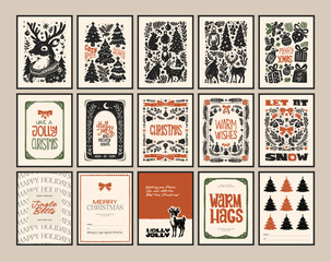 Merry Christmas and Happy New Year vertical flyer or poster template. Modern trendy Matisse minimal style. Hand drawn design for wallpaper, wall decor, print, postcard, cover, template, banner.