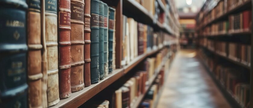 Serene library corridor lined with countless aged books, inviting exploration and discovery through its vast knowledge.