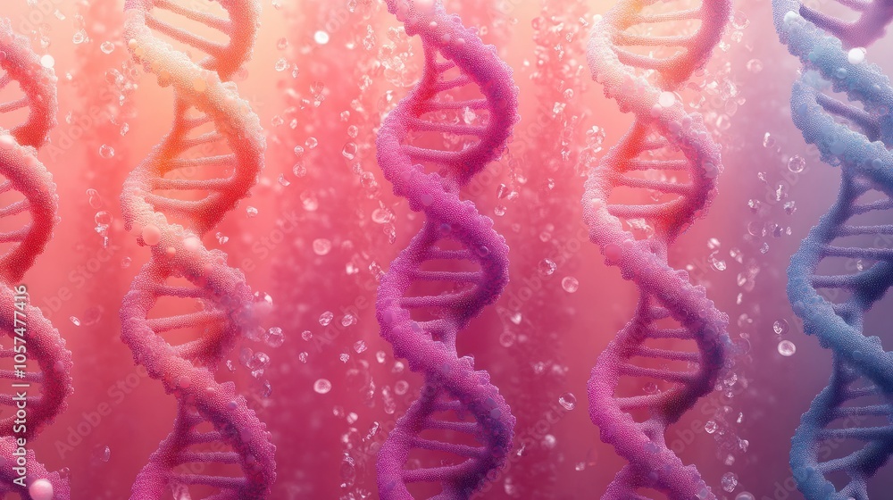 Poster abstract representation of dna strands in a colorful, fluid environment.