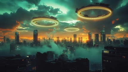 Fototapeta premium Skyscraper city built on top of massive floating rings, neon lights, surreal design, futuristic aesthetic