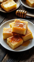 Freshly baked cornbread squares are stacked on a plate, drizzled with honey, ready to be enjoyed as a sweet treat