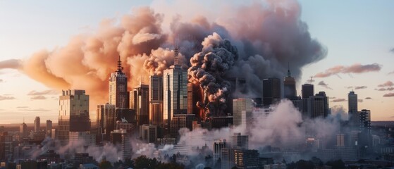 Obraz premium A city skyline engulfed in thick, billowing smoke under a dramatic sky, depicting chaos and devastation in an urban setting.