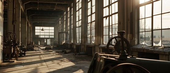 An abandoned industrial hall bathes in soft sunlight, casting long shadows through the tall windows onto dusty floors.