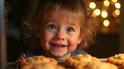 Naklejka premium A curious toddler peeks at freshly baked cookies, eyes wide with delight, a warm kitchen glow illuminating the scene.