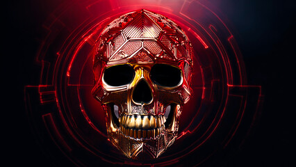 Red skull with gold teeth and red patterns, on a dark background with red elements.