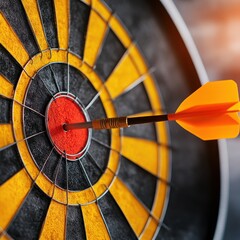 A close-up of an orange dart hitting the bullseye of a dartboard, symbolizing precision and success in a competitive game.