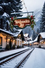 Fototapeta premium Charming winter village decorated for Christmas with snowy landscape and festive atmosphere during the holiday season in a mountain region