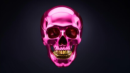 Fototapeta premium Bright pink skull with shiny gold teeth on a dark background.