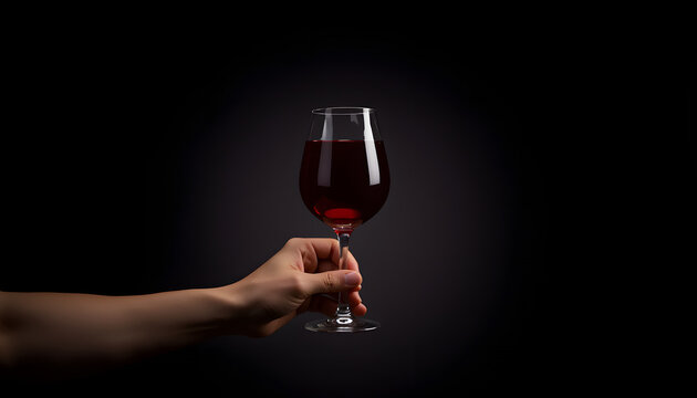 A glass of red wine held in hand against black background for dramatic effect