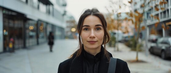 Fototapeta premium A woman in a black coat stands confidently on a city street, surrounded by modern architecture, with autumn leaves adding warmth to the scene.