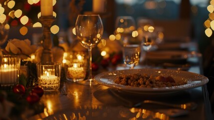 A defocused view of a networking dinner with the warm glow of candlelight and the aroma of delicious food.
