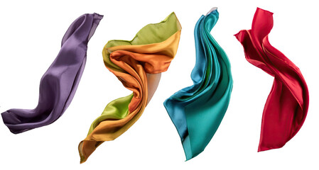 Fototapeta premium set of color long silk satin cloth fabric floating flying in the air on transparent background