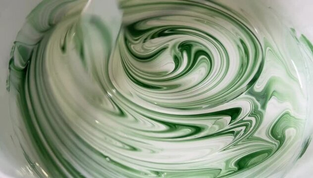Top view of white paint with green pigment,being mixed to create a uniform shade