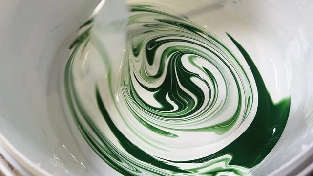 Top view of white paint with green pigment,being mixed to create a uniform shade