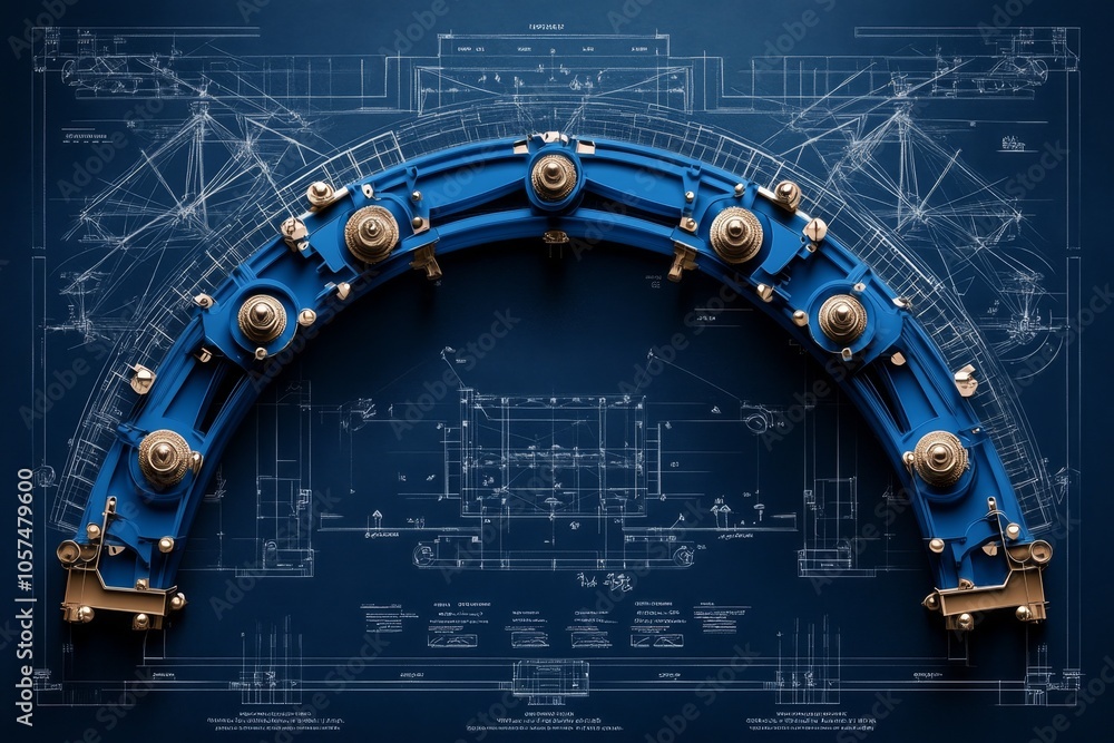 Poster A realistic blueprint of a futuristic bridge with structural supports and complex designs, showing engineering calculations and planning, symbolizing innovation and design