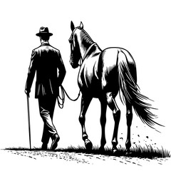 In the snow, an elderly guy walks with a horse.In the snow, an elderly guy walks with a horse. An old man leads a horse walking in the snow © PixelSaga MH2