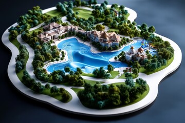 A realistic blueprint of an amusement park layout with rides, paths, and detailed themed sections, capturing the complexity of entertainment design, symbolizing creativity and planning