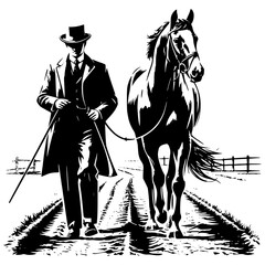 In the snow, an elderly guy walks with a horse.In the snow, an elderly guy walks with a horse. An old man leads a horse walking in the snow