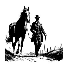 In the snow, an elderly guy walks with a horse.In the snow, an elderly guy walks with a horse. An old man leads a horse walking in the snow © PixelSaga MH2