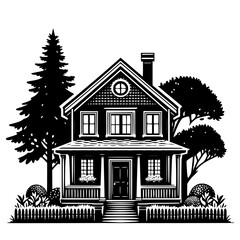 Charming Two-Story House in Black and White Vector Art