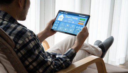 Smart home technology, centric remote control system with digital dashboard for air conditioning, safety security network or house automation. App software, ui panel programming IOT monitor snugly