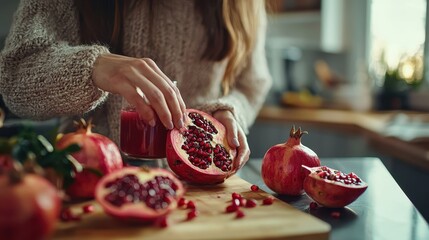 Woman preparing pomegranate juice. Selective focus