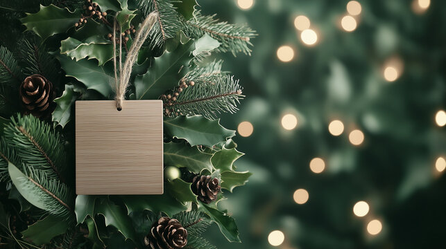 chistmas decoration and bokeh lights and blank wooden square ornament