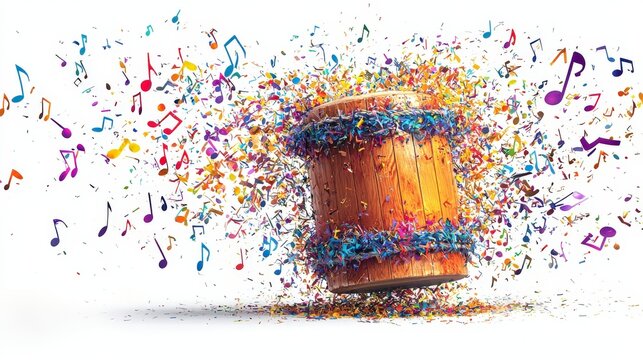 An explosive drum surrounded by a vibrant cascade of colorful notes, reflecting an artistic expression of rhythm, energy, and human creativity.