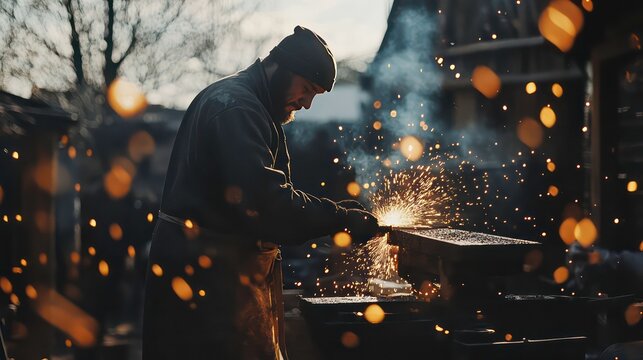 A blacksmith working with sparks flying in a dimly lit workshop.
