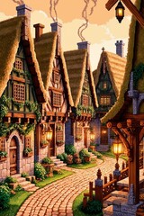 Charming cobblestone street lined with quaint thatched-roof cottages during sunset in an enchanting village scene